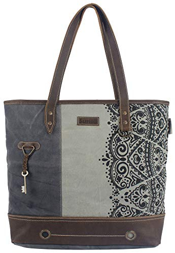 Sunsa Damen groß Handtasche. Tasche aus Canvas & Leder. Nachhaltige Produkte, Schultertasche, grau Shopper Shoulder Bag Ordner A4 geeignet, Geschenkideen für Frauen, Mandala Design | Schultertasche mit Ledergriffe. Damentasche DIN A4 geeignet gut für Uni, Freizeit, Arbeit & Alltag. Frauen Geschenkidee