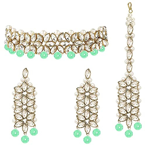 Aheli Faux Stone Studded Wedding Wear Bridal Choker Necklace & Maang Tikka Set Indian Traditional Fashion Bharatanatyam jewellery set Gift for Women