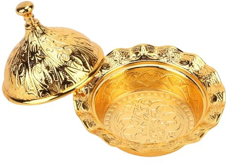 Sugar Candy Bowl with Lid, Sweet Bowl Turkish Delight Bowl Decorative Antique Ottoman Brass Sugar Jar Candy Servers Snacks Delights Decorative Kitchen Buffet Wedding Decor(Gold), 10 X 7cm