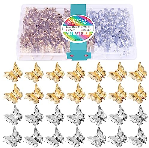 HOYOLS Silber Goldene Schmetterlings Haarclip, 90er Haaraccessoires | 48 Stück Kleine Haarklammern mit Metall-Look, Ideal für Zöpfe, Raves, Festivals & Partys, Rutschfestes Design