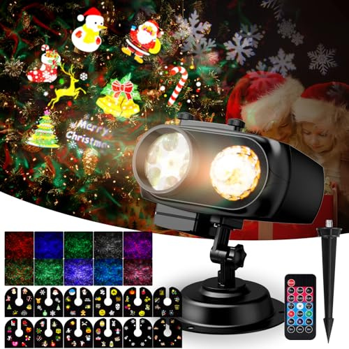 NACATIN Projektor Weihnachten, 2-in-1 LED-Projektor mit 12 austauschbaren Folien (96 Muster) & 10 Wasserwellen, Wasserfest mit Fernbedienung für Innen- und Außendekorationen für Weihnachten, Partys