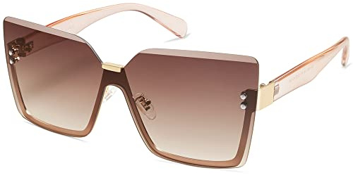 SOJOS Trendy Square Oversized Sunglasses Womens Big Rimless UV400 Ladies Shades SJ1160, Brown Gradient Pink Lens/Light Brown Temples