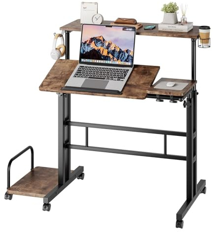 Dripex Stehpult Höhenverstellbar Sitz-Steh Schreibtisch mit Rollen, Mobiler Stehtisch mit neigbar Tischplatte, 80x60cm Laptoptisch Workstation für Zuhause und Büro, Vintage Braun