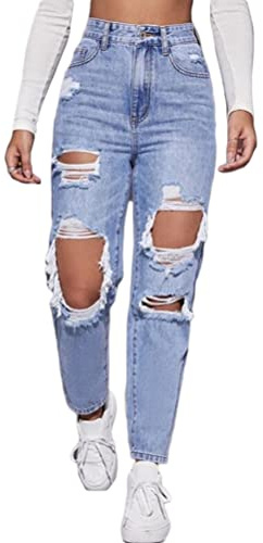 Onsoyours Damen High Waist Jeans Stretch Jeanshose Zerrissen Destroyed Loose Fit Jeanshose Boyfriend Denim Gerade Hose B4 Blau M