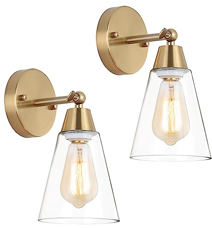 MWZ Gold Wall Sconce Set of 2,Modern Brushed Brass Sconces Lighting with Clear Glass Shade,Bathroom Light Fixtures Over Mirror,Vanity Lights Over Sink,Indoor Wall Mount Adjustable Angle Lamp