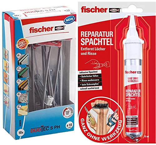 fischer DUOTEC 10 S PH, Kippdübel mit Panheadschraube, 2-Komponenten-Dübel & REPARATUR SPACHTEL, fertige Spachtelmasse in Naturweiß, repariert Löcher & Risse, schwundfrei, 70 ml (37 g)
