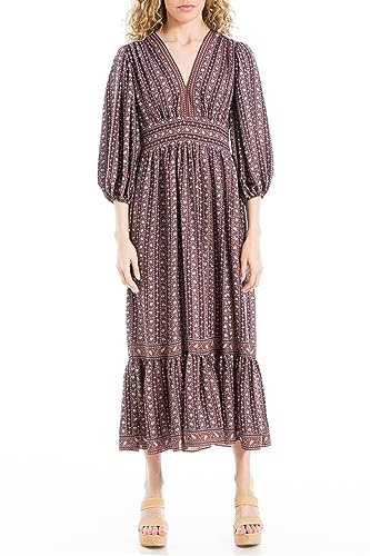 Max Studio Women's 3/4 Puff Sleeve V-Neck Maxi Dress, Spiced Apple Rambling Dahlia, XS