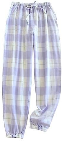 Damen Freizeithose Lang Schlafanzughose mit Taschen und Kordelzug Fitness Stretch Drawstring Hosen Karierte Schlafhose weich Pyjamahose Weites Bein Hose trandhose Lange gerade Hose Haushose (Blue, M)