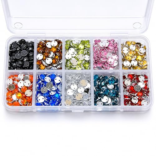 Perlin Strasssteine zum aufnähen Glitzersteine zum annähen 1500stk Rund 10 Farben Set 6mm Kristall Acrylsteine Flatback mit Sortierbox für Kleidungsstück Kleidung und Tasche Deko