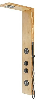 KOLMAN Duschpaneel Edelstahl mit Kopfbrause Bambus und Schwarz BALTI Thermostatisch Duschsystem Duschsäule