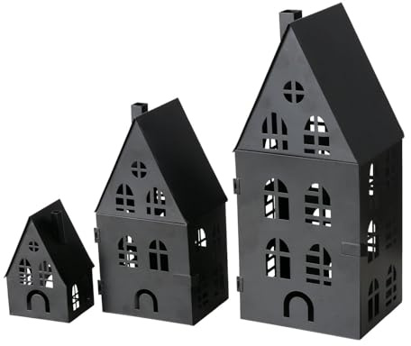 ReWu Laterne Lichthaus Set Dover 3-teilig Metall Schwarz | Metallhäuser, Teelichthalter, Kerzenhalter, Gartendekoration, Balkon Terrasse Wohndekoration