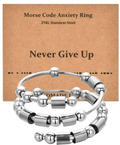 Mezrkuwr Anillos para ansiedad con código morse, anillo giratorio, Large, Acero inoxidable