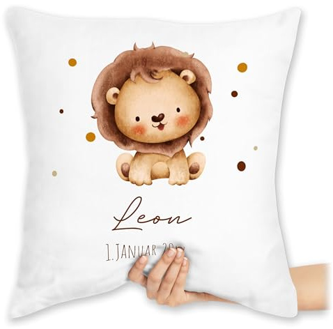 Kissen 40x40 Zierkissen - Löwe mit Name und Datum personalisiert I Geburtstag I Geburt Tiermotiv Geschenk Löwen - 40 x 40 cm - Weiß - löwenmotiv Tiere Leo Tier zur Lion Junge Lions