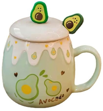 Jolie tasse en céramique avec couvercle, 450 ml, pour couple, maison, bureau, petit déjeuner, café, lait, avocat vert (cuillère à fruits)