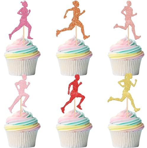 24 PCS Running Cupcake Toppers Glitter Sports Fitness Run Cupcake Picks for Running Theme Boys Girls Marathon Birthday Party Cake Decorations Supplies Multi Colors