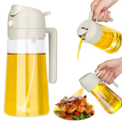 Oil Dispenser for Kitchen Spray: 2 in 1 Glass Oil Sprayer & Dispenser, 16.5oz Food Grade Spray Bottle for Kitchen Cooking, Oil Dispenser for BBQ Salad Baking Steak Air Fryer Grilling Roasting (White)