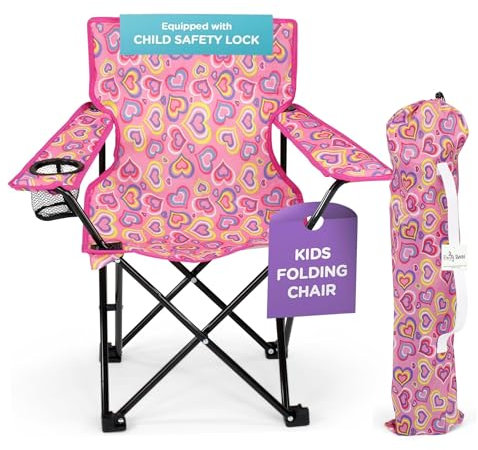 Emily Rose Kids Folding Beach Camp Chair with Cup Holder, Safety Lock & Matching Carry Case (Playful Hearts) – Toddler Travel Chair for Girls Ages 2–7 – Indoor Outdoor Lightweight USA Brand