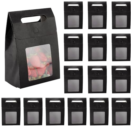 GOMAKERER 16 Stück Geschenktüten aus Papier mit Fenster, 13.5x7.9x19.5cm schwarze Geschenktüten mit Griff Geschenktaschen für Geburtstag, Hochzeit, Weihnachten, Festivalfeier