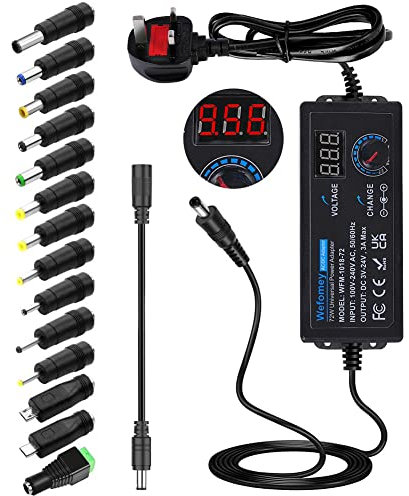 Wefomey Universal Power Supply 3V~24V 3A 72W Adjustable Variable AC/DC Adapter Charger, 100V-240V AC to DC Converter with LED Voltage Display & 14 Tips & Polarity Converter