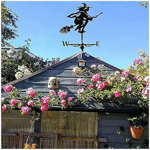 BesBet Wetterhexe Garten, Wetterfahne Fuer Dach, Fliegende Hexe Dekoration Metall, Wetterhahn FüR Dach, für Garten, Rasen, Terrasse, Dach, Halloween Dekoration