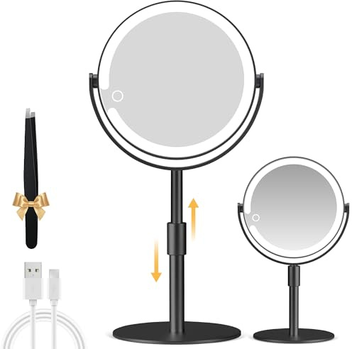 MOMOKUBA Magnifying Mirror with Light 20X, Height-Adjustable Lighted Makeup Mirror with Magnification, Double Sided Aluminum Alloy LED Mirrors, 3 Lighting Modes Ideal for Desk Bathroom Makeup, Black