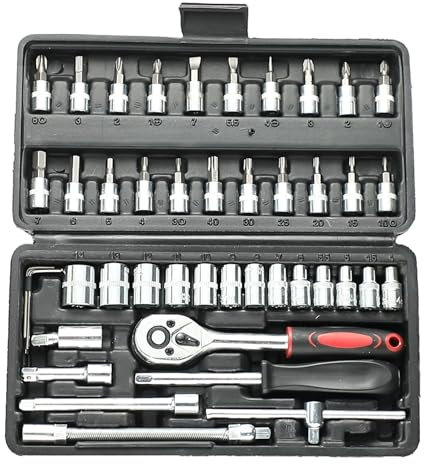 Pamatio 46-Piece 1/4 Drive Socket Set with Bits, Quick Release Ratchet Wrench Set - Extension Bar Socket Spanner Tool Set for Household DIY, Bike Repair