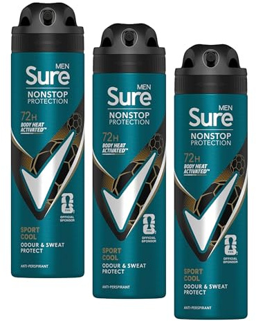 Sure Men Sport Cool Nonstop Protection Anti-perspirant Deodorant Aerosol MotionSense technology anti-perspirant deodorant spray 72h protection against sweat and odour 150 ml (Pack of 3)