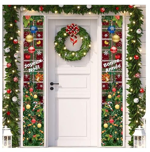 2pcs Banderole Joyeux Noël - Bannières de Porte Décoration en Français Décoration Extérieure pour Porte d'Entrée, vert
