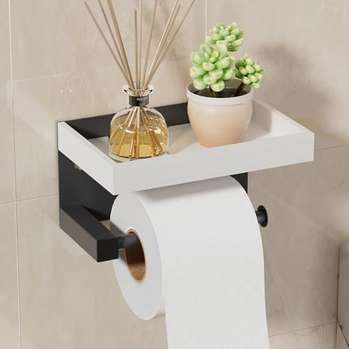 Toilet Roll Holder Wall Mounted - SWTYMIKI No Drill Self Adhesive Toilet Paper Holder with Wood Shelf for Storage, Rustproof Washroom Tissue Roll Holder Dispenser for Bathroom and Kitchen, White