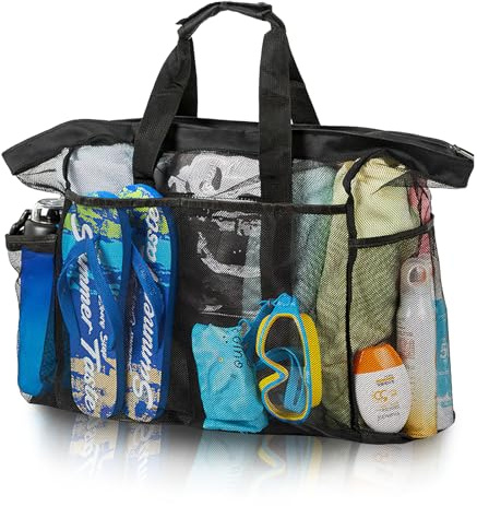 ZoneYan Strandväska stor, extra stor resväska strandväska, nät strandväska, strandförvaringsväska, stor nätstrandväska, vikbar strandväska, badväskor strandväskor, Svart-xxl, 50 cm x 35 cm x 20 cm