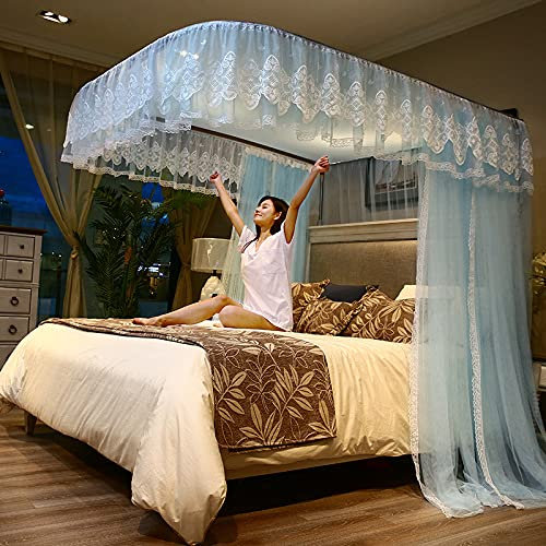 PYCJNFC Bettvorhang Für Doppelbett, Betthimmel Elegante Schiebevorhänge Mit Spitzenkante, U-Design-Schiene, Zelt Für Schlafzimmerdekorativ,Blau,1.8 * 2M