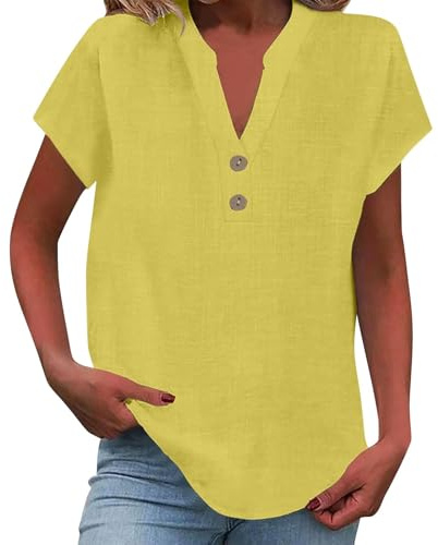 Uwdiohq Chemise Femme Coton et Lin Chemise Boutonnée à Manches Courtes et Col en V pour Femmes Chemisier Femme Chic et Élégant Tops Plus Size de Couleur Unie (Plusieurs Couleurs et Tailles)