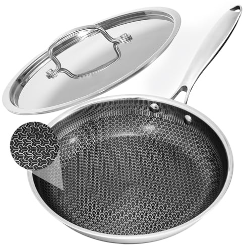 Non Stick Frying Pan 10 Inch with Stainless Steel Lid, Hybrid Nonstick Stainless Steel Skillet Frying Pan, Dishwasher and Oven-Safe Chef Pan, Induction Compatible Cooking Pan, PFOA Free Cookware