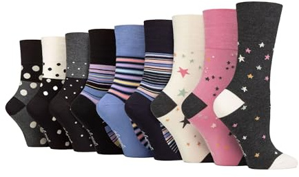 SOCK SHOP MJUKT GRIP - Dam bambu icke-elastisk bomull mönstrade strumpor - 9-pack | lösa toppstrumpor för cirkulationsstöd, stil 3, 37-42 EU