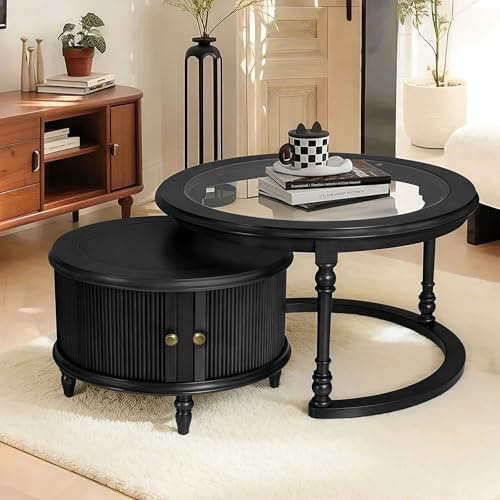 LKTART Nesting Coffee Table for Living Room, Round Tempered Glass Solid Wood Nest Coffee Tables with Storage, Retro Small Accent Center Table for Small Space Apartment (31.5''D×18''H-Balck)