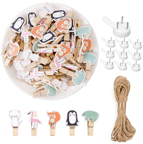 DWUENT 50pcs 4x2cm Animal Wooden Clothes Pegs - Mini Clips for Arts & Crafts, Photos & Parties - Assorted Coloured