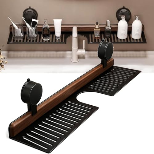 Mensola da bagno in noce, montaggio a parete, senza fori, mensola mobile per doccia con ventosa, accessori per bagno e cucina (nero, 50 cm)