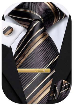 Hi-Tie Ensemble cravate et boutons de manchette carrés dorés pour homme en soie tissée pour fête de mariage, Marron/rayures noires, M