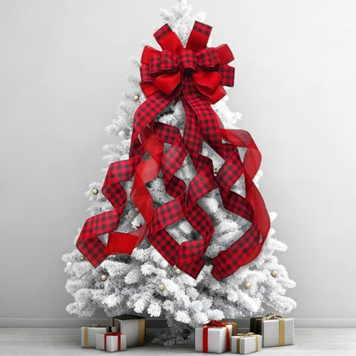 AllisWay 113CM Noeud Rouge Noel, Gros Noeud Cadeau Noeud Sapin de Noel Grand nœud de Noël à Carreaux Rouge et Noir pour sapins de Noël, Portes, vitrines - Décorations de Noël