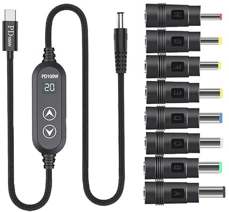 Fuente de alimentación tipo C a CC de 5,5 mm, capacidad de 100 W, 5 selección de potencia, 5-20 V, variable a través de gestión integrada, 8 adaptadores, voltajes, control de cable de carga