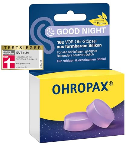OHROPAX Good Night öronproppar – främre öronproppar av formbar silikon – lämplig för alla öron och sovpositioner – ljudisoleringsvärde SNR 23 dB – för en lugn och vilsam sömn – 16 stycken