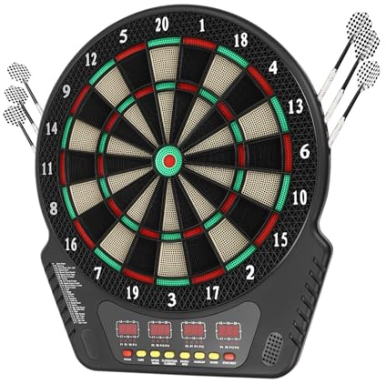 Elektronische Dartscheibe, Elektronik Dartspiel Dartautomat mit 4 LCD-Anzeige, 6 Darts und 24 Dartköpfe, Dartboard mit 27 Spielmodi mit 243 Spielstilen für bis zu 16 Spieler