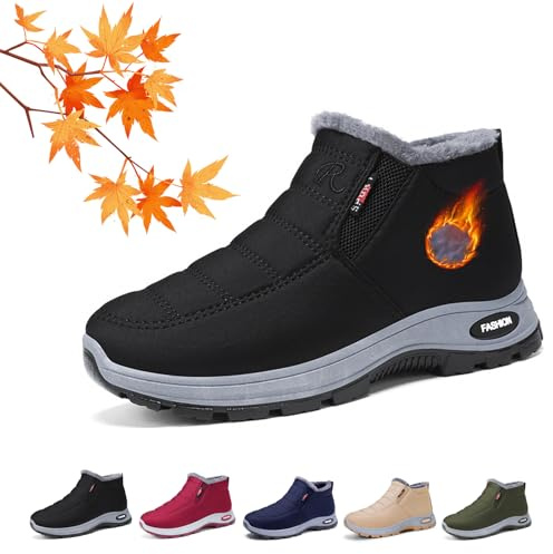 Botas ortopédicas para mujer con forro de piel, antideslizantes y cálidas, botas de tobillo tipo slip-on con plataforma, ligeras y cómodas para exteriores de invierno, Black, 0 UK