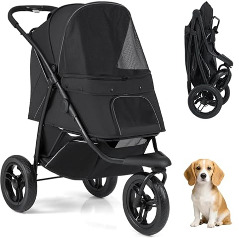 GYMAX faltbarer Hundebuggy, Haustier-Katzenbuggy mit verstellbarem Verdeck, Korb, abnehmbarem Kissen & Sicherheitsleine, Tragbares Haustiernest, Tragkraft 25 kg (Grau)