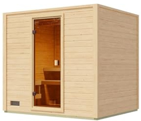 Karibu Gartensauna 230,8x189,9x219,5cm│Garten Sauna aus Fichte 38mm│mit bronzierter Glastür & 2 Liegen│Fronteinstieg│Massivholz│9kW Bio-Kombiofen mit EXT. Steuerung│für 2–4 Personen + Boden
