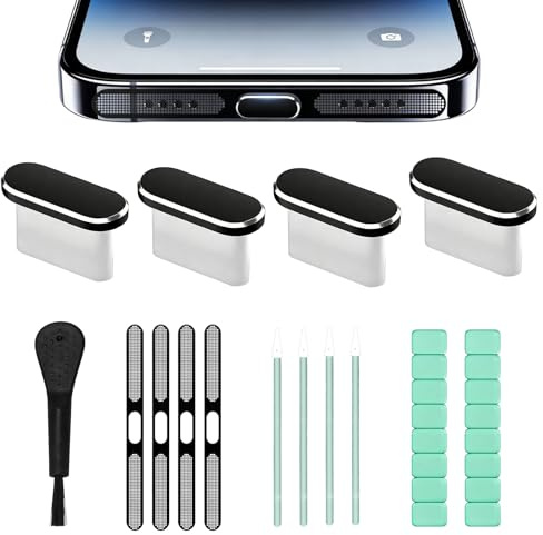 4 piezas USB-C Handy Staubschutz Stöpsel Set con 4 Ladebuchse Schutz USB C Schutzkappe 4 Lautsprecher-Staubschutz 2 Reihe Reinigungsknete 4 Port Cleaner Sticks 1 CleaningBrush für Phone 15/16/17