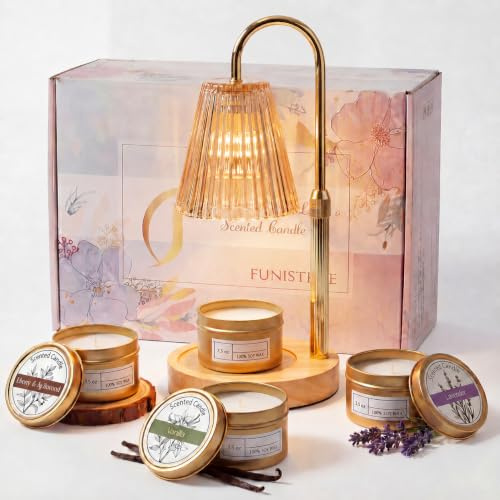 Funistree Candle Warmer Lamp with 3 Scented Candles, Candle Warmers Height Adjustable Dimmable, Birthday Gifts for Women, Wax Melt Candle Heater Lamp with 2 Bulbs, House Warming Gifts HomeDecor | Wax Melt Lamp with Timer & Dimmer, Birthday Christmas Gift for Her, House Warming Presents, Home Decor, with 2 Bulbs