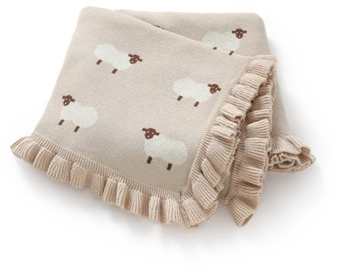 Hadetoto 100% Cotton Baby Blanket for Boys Girls, 100x80cm (Khaki) | Knit Ruffle, Cartoon Sheeps, Newborn Gifts Essentials, Lightweight, Nursery Bedding