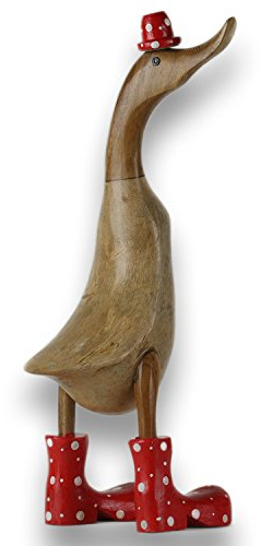 ART-CRAFT Holz Ente Lauf Ente Gartendeko Figur aus Bambus Wurzel und Teak Holz mit Stiefel und Hut Rot 45cm