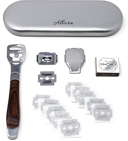 Allura Foot Care Pedicure Callus Shaver Cutter Rasp File Hard Skin Corn Remover Wood Handle 10 Blades (Case Included)